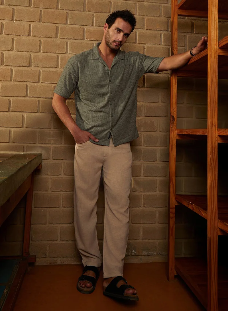 CAHOOT  Men's Olive Green Tactile-Resort Oversized Shirt For Casual Wear | Cuban Collar | Short Regular Sleeves | Button Closure | Oversized Shirt Crafted With Comfort Fit For Everyday Wear for Men | Best Price UAE